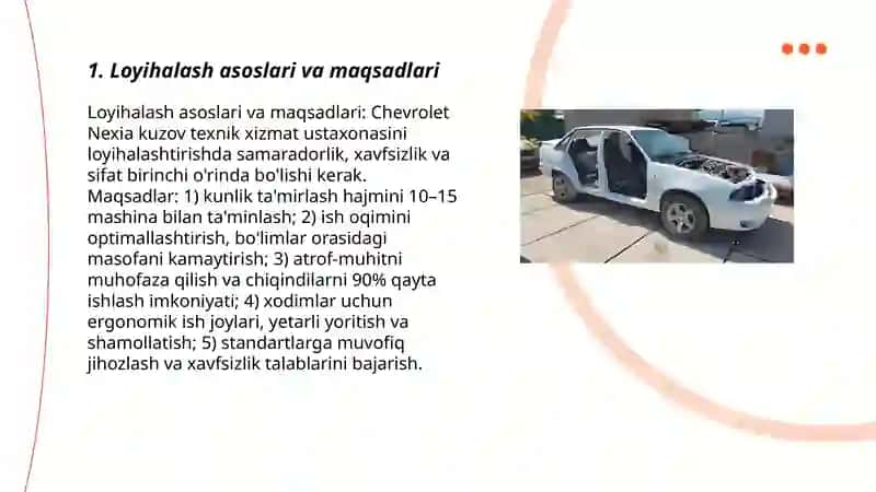 Chevrolet Nexia avtomobilining kuzoviga texnik xizmat korsatish ustaxonasini loyixalash 3