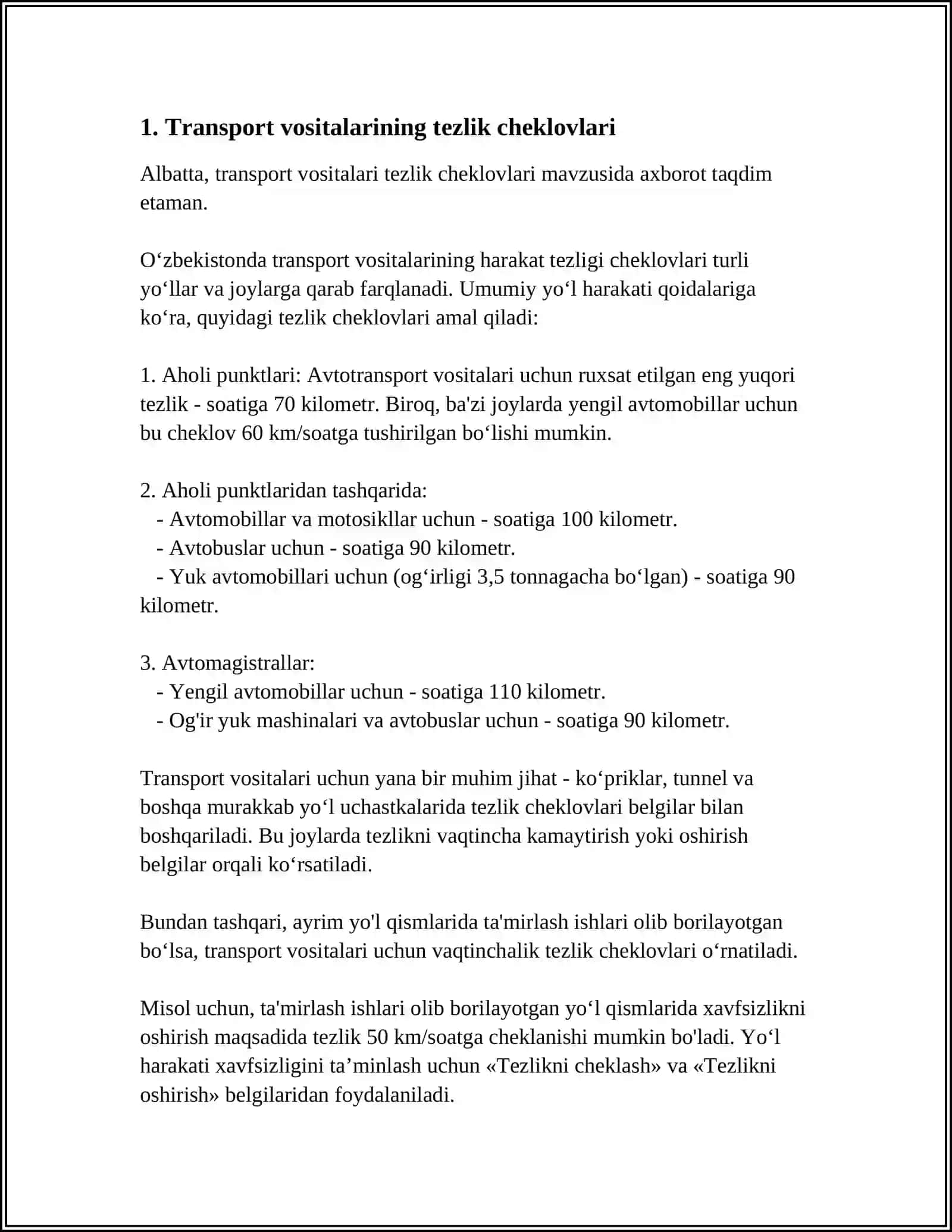 Transport Vositalarining Tezlik Cheklovlari 3