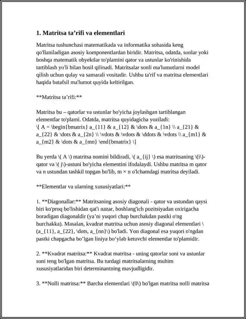 MATRITSALAR. MATRITSALAR USTIDA AMALLAR. TESKARI MATRITSALAR 3