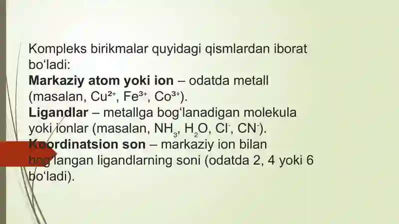 Kompleks birikmalar eritmadagi muvozanati, koordinatsion qobiqdagi ligandlarning o‘zaro ta’sirlashuvi 3