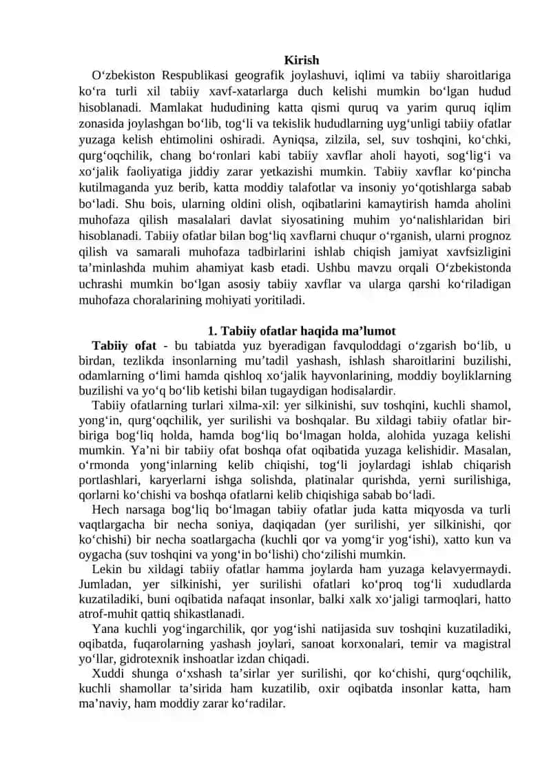 O‘zbekistonda bo‘lishi mumkin bo‘lgan tabiiy xavflar va ularda muhofaza tadbirlari 3