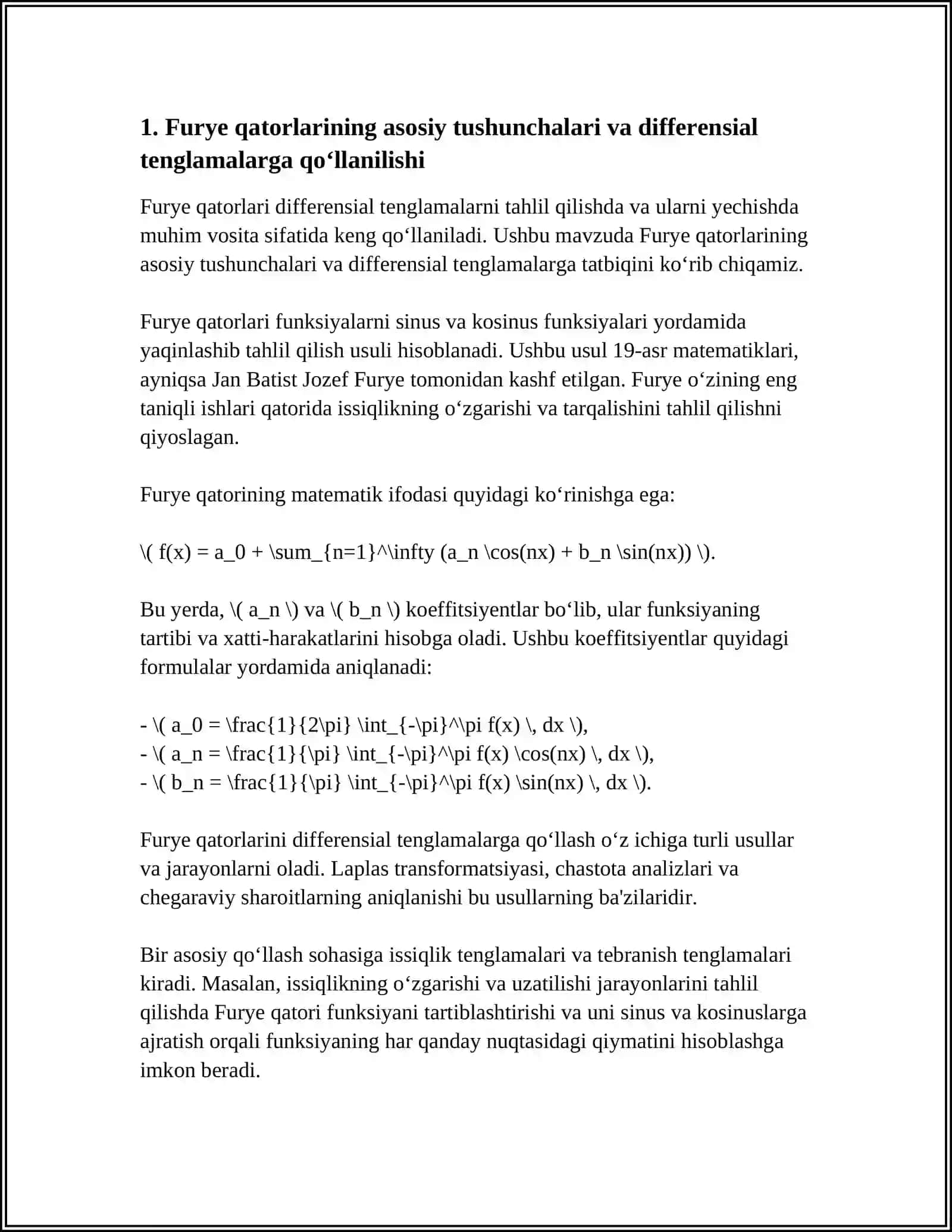 DIFFERENSIAL TENGLAMALARNI YECHISHDA FURYE QATORLARINING QOʻLLANILISHI 3
