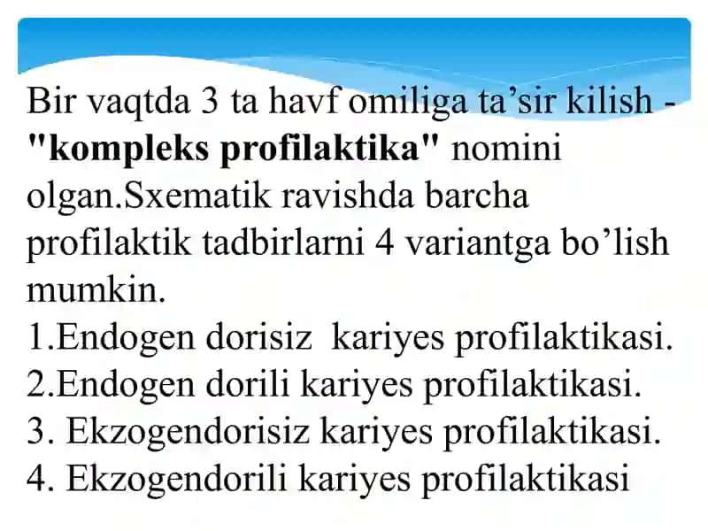 Kariyes kasalligini profilaktikasi. Kariyesni profilaktik omillar guruhi haqida ma’lumot. 3