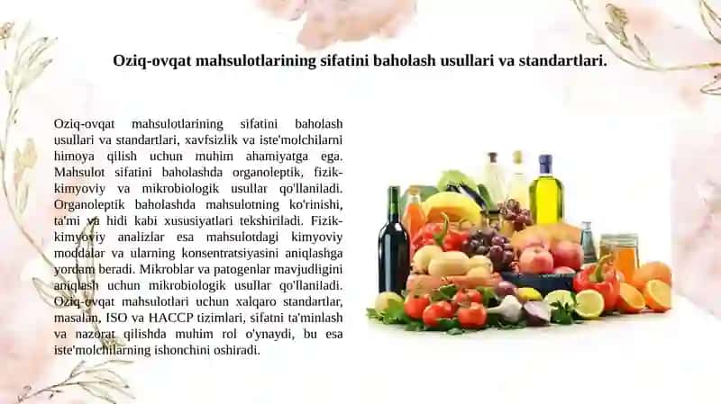 Oziq-ovqat mahsulotlarining sifatini baholash usullari va standartlari 3