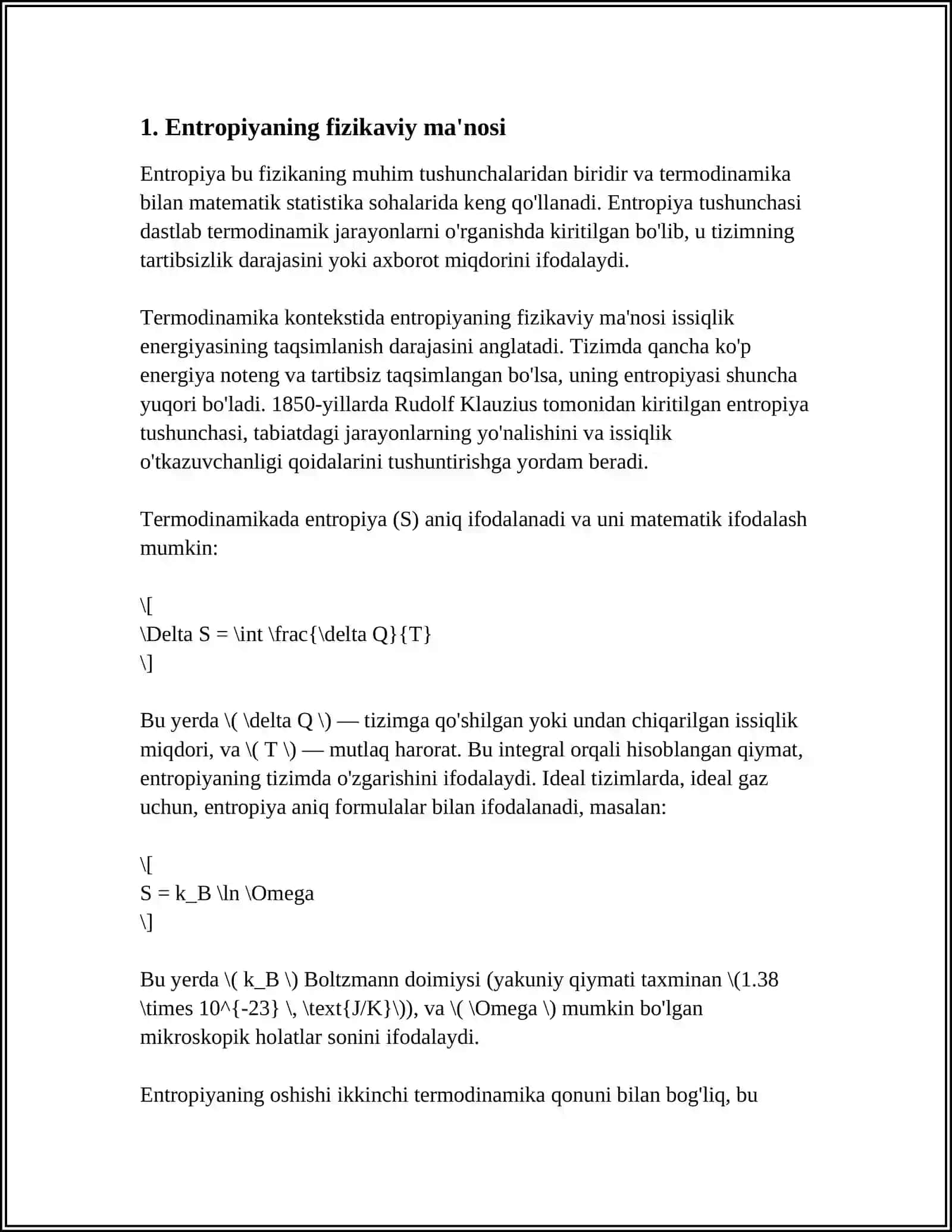 OCHIQ TIZIMLARDA ENTROPIYANING LOKAL KAMAYISHI.DISSIPATIV STRUKTURALAR 3