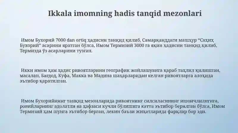 Imom Buxoriy va Imom Termiziyning Hadis Ilmiga qoʻshgan hissalarini qiyosiy tahlili 3