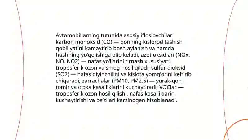 Avtomobillarning tutuni hamda konditsioner va muzlatgichlardan chiqadigan gazlarning atmosfera va inson salomatligiga taʼsiri 3