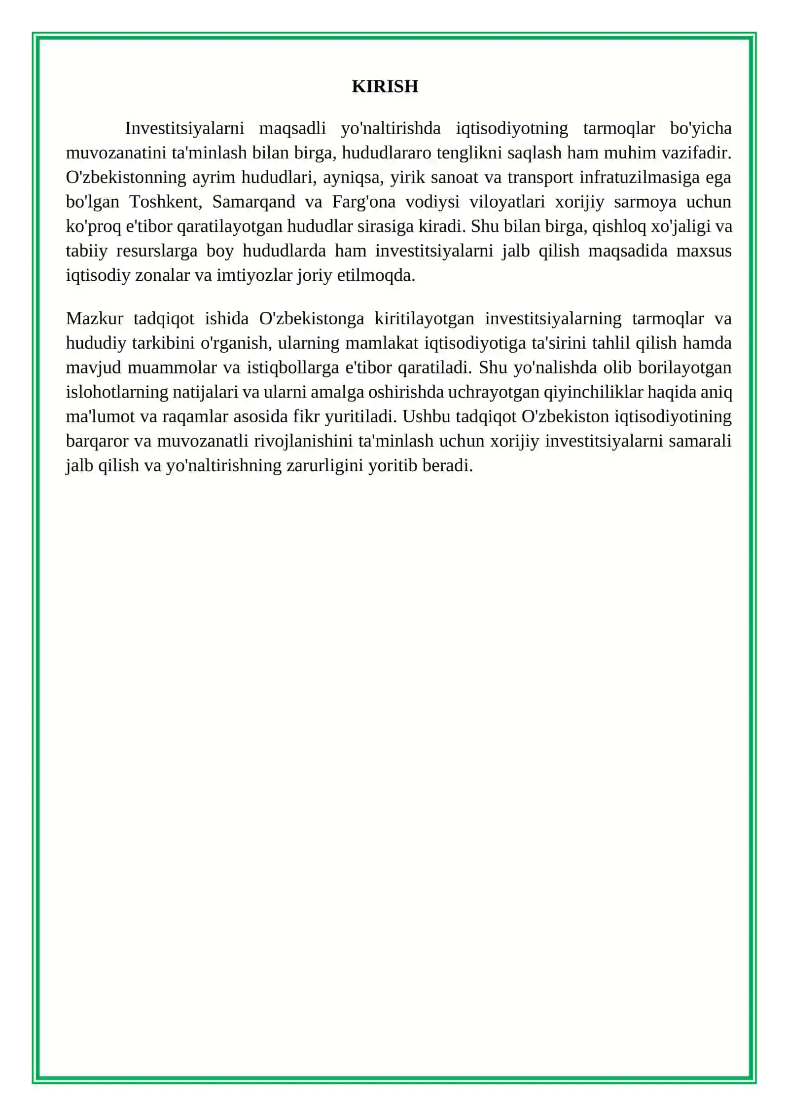O`ZBEKISTONGA KIRITILAYOTGAN INVESTSITSIYALARNING TARMOQLAR VA HUDUDIY TARKIBI 3