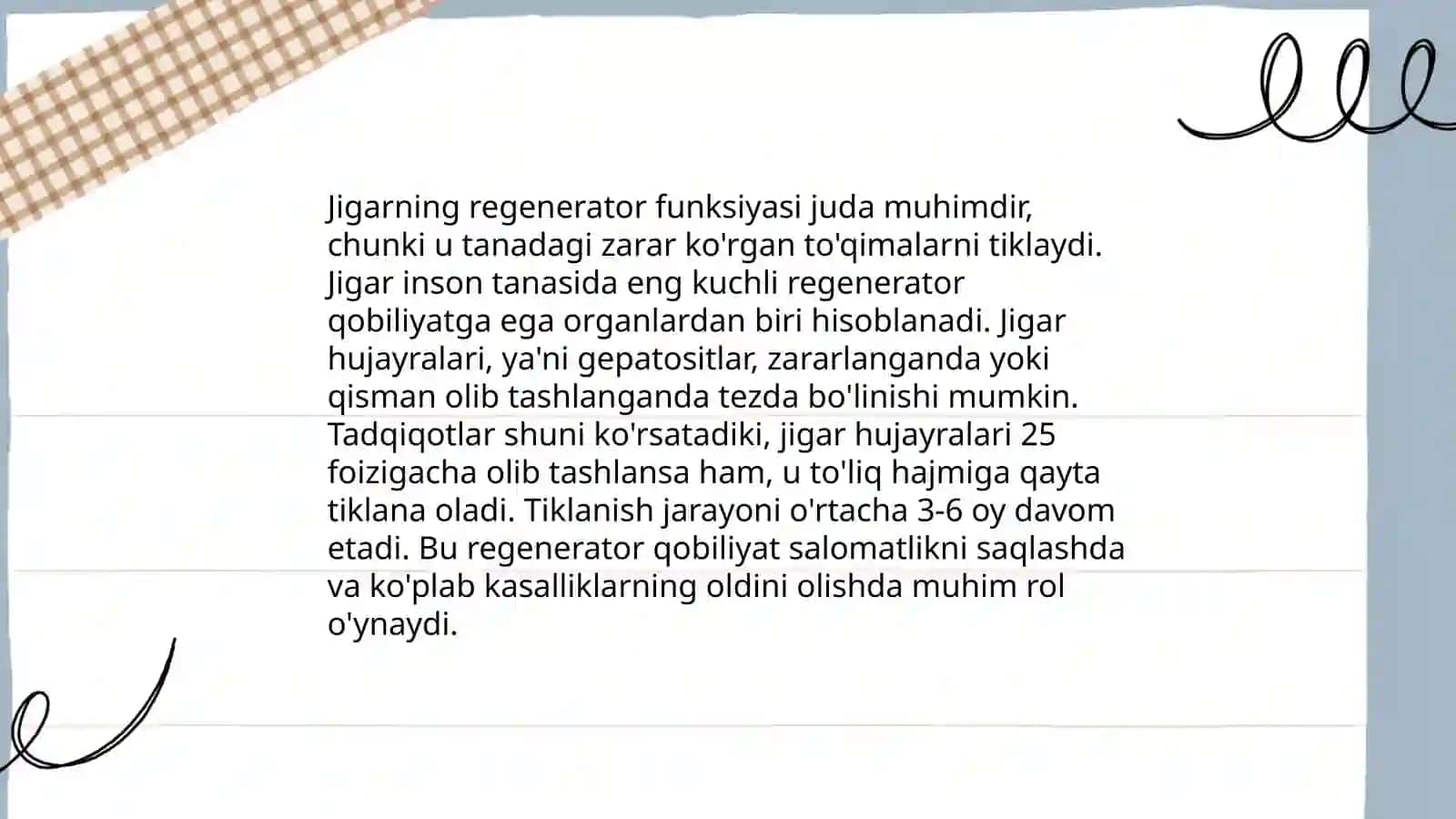 Jigarning regenerator va kompensator xususiyati. Jigarning perisinusoidal boʻshliqlari hujayralarining morfo-funksional xususiyatlari 3