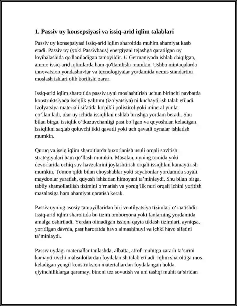 "PASSIV UY" (PASSIVHAUS) ISSIQ ARID IQLIM SHAROITIDA: NEMIS STANDARTINI MOSLASHTIRISH, SOVUTISHGA E’TIBOR QARATISH 3
