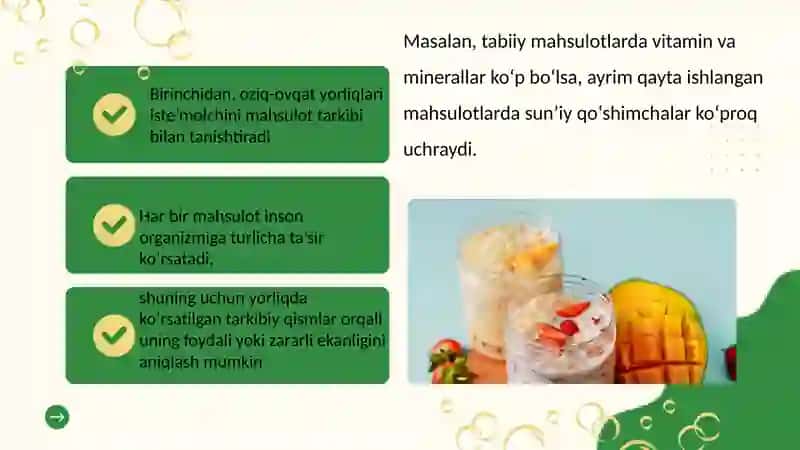 Oziq-ovqat mahsulotlarining tarkibi, foydali va zararli xususiyatlarini yorliqlari orqali o‘rganish 3