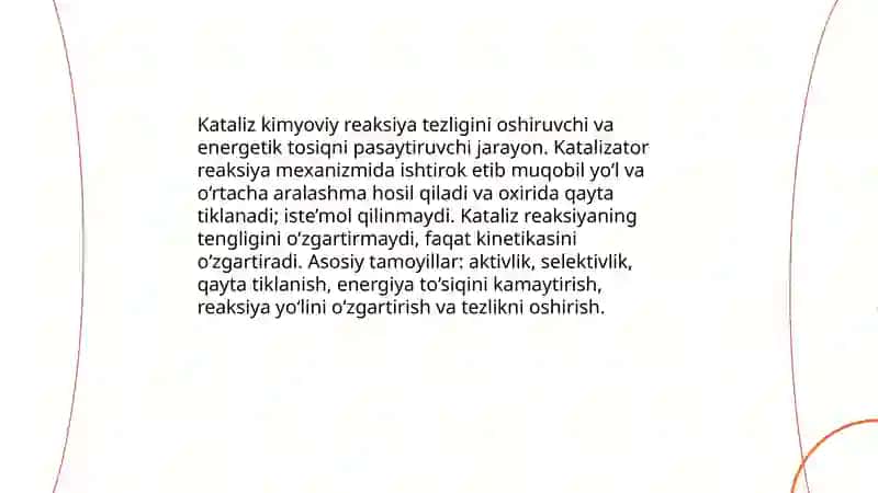 Kаtаliz. Kаtаlizаtоrlаr tаsirining umumiy tаmоyillаri. Gоmоgеn kаtаliz. Rеаksiya mехаnizmigа kаtаlizаtоrning tаsiri.Enеrgеtik to`siqning pаsаyishi. 3