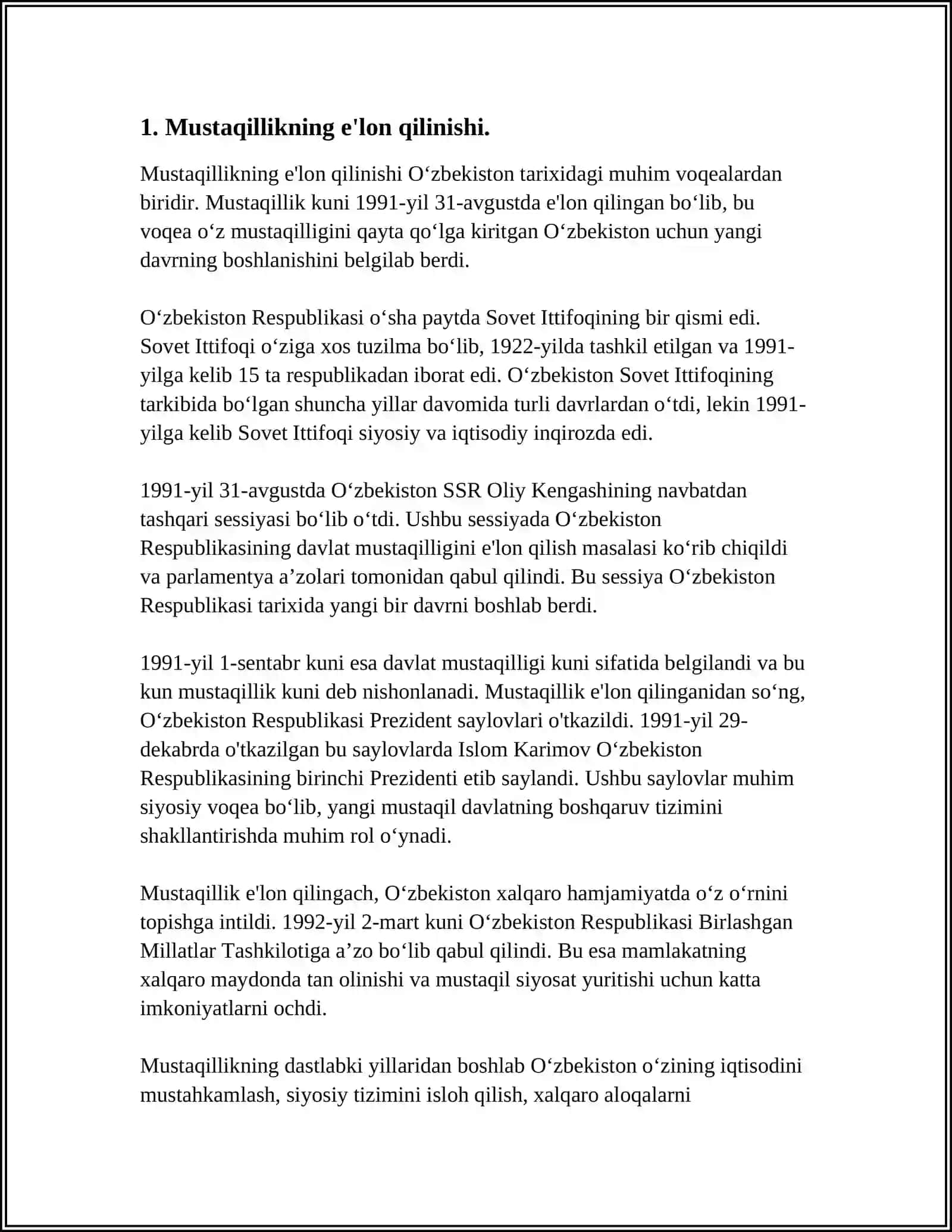 MUSTAQIL O'ZBEKISTON RESPUBLIKASINING TASHKIL TOPISHI VA USING AHAMYATI 3