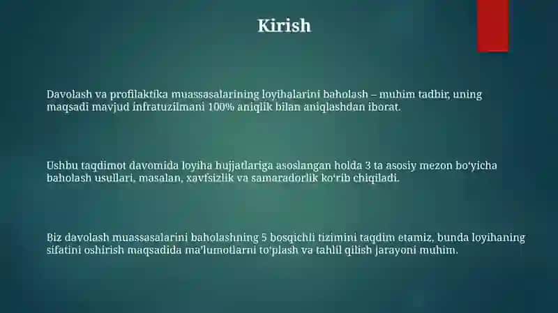 Loyiha materiallari boʻyicha davolash- profilaktika muassasalarini baholash 3