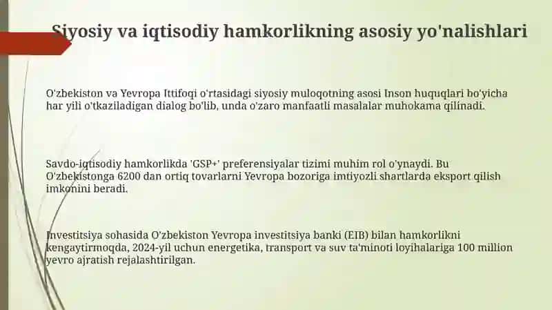O'zbekiston-Yevropa Ittifoqi: Hamkorlikning ustuvor yo'nalishlari 3