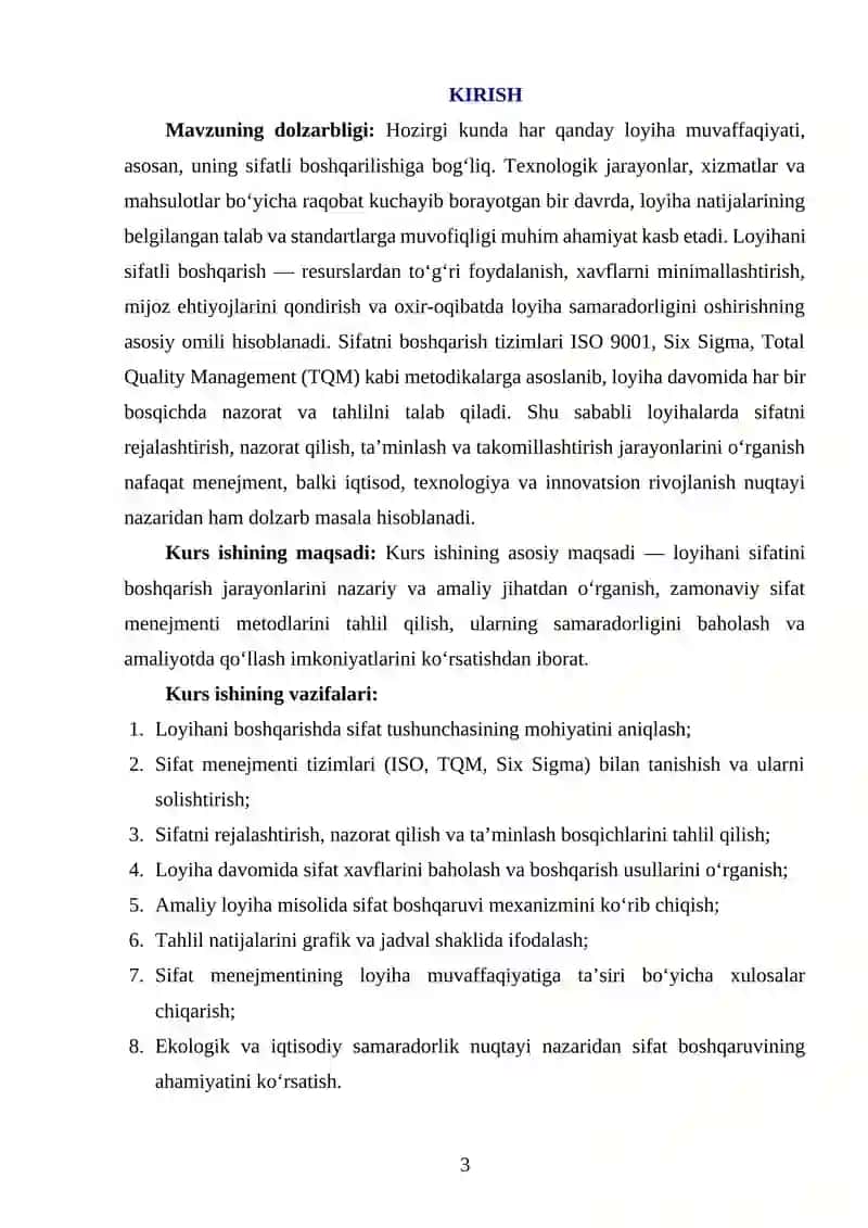 Loyihani sifatini boshqarishni tahlil qilish 3