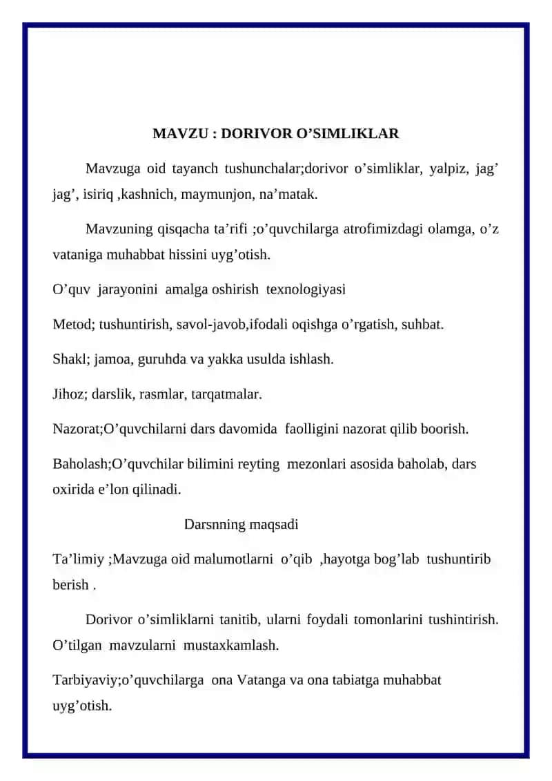 3-sinflar uchun tabiatshunoslik fanidan “Dorivor o‘simliklar” mavzusida bir soatlik ochiq dars ishlanmasi 3
