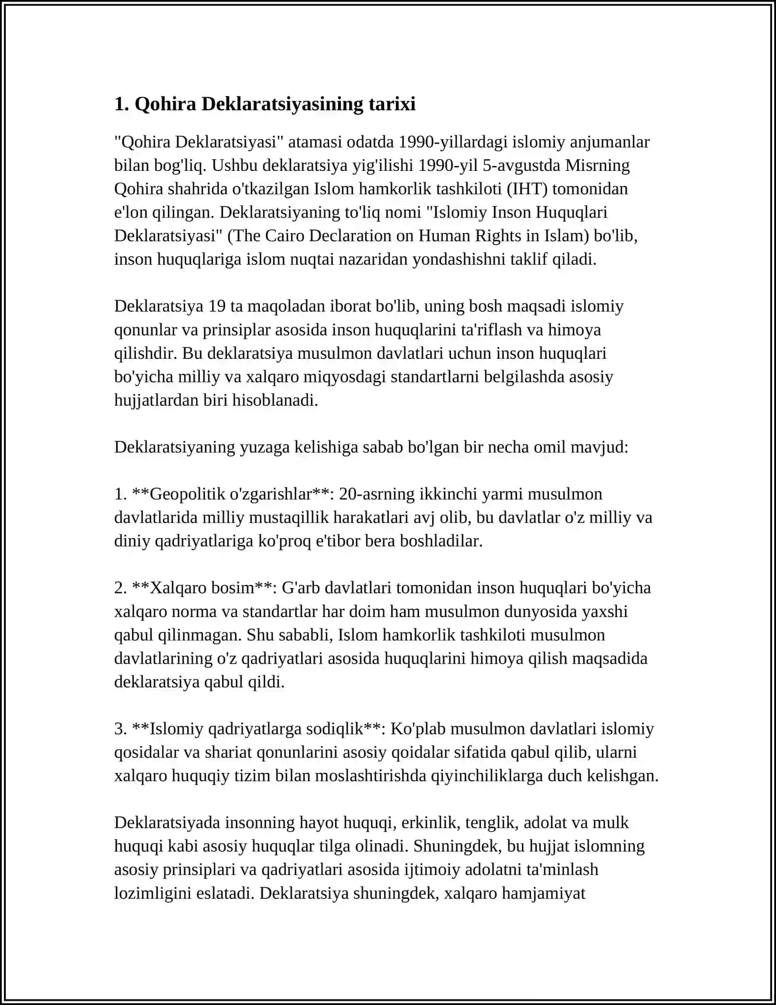 QOHIRA DEJLARATSIYASI TARIXI VA MAZMUNI BORASIDA TAXLIIY MAQOLA TAYYORLASH 3