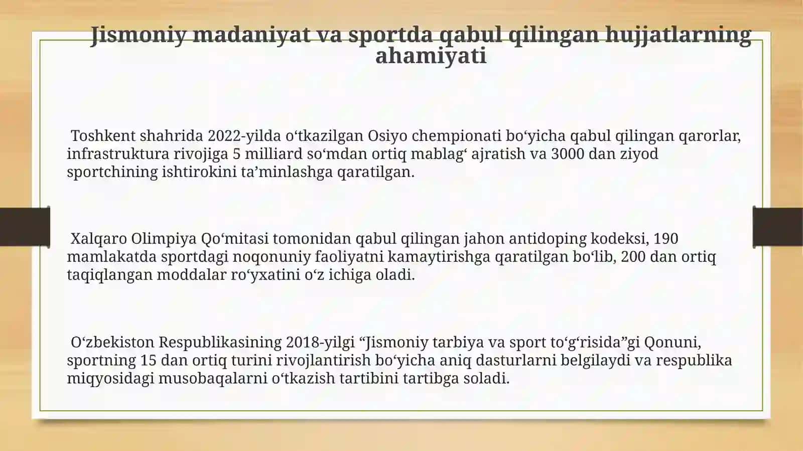 Jismoniy madaniyat va sportda qabul qilingan hujjatlarning ahamiyati 3