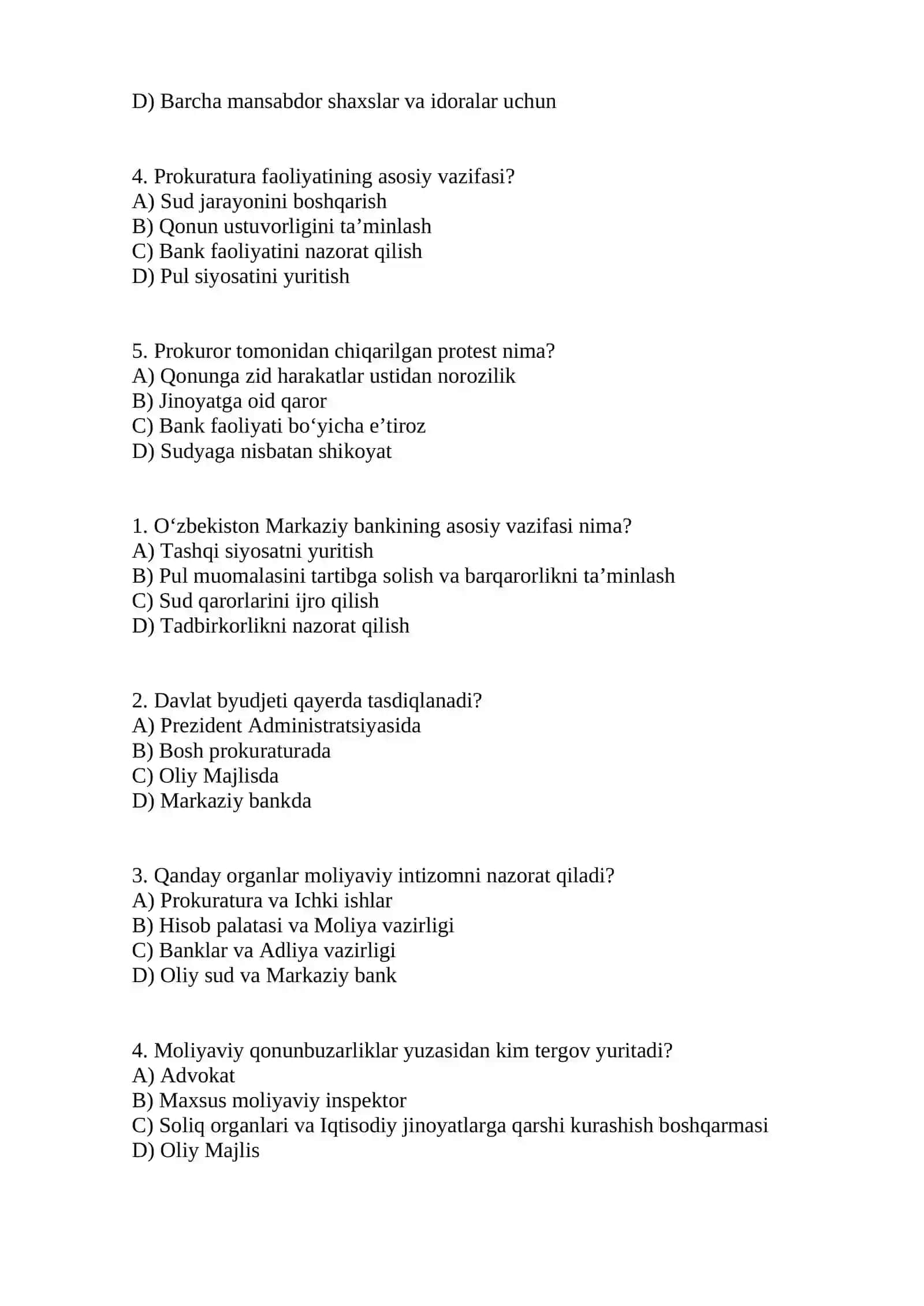 Yangi tahrirdagi O’zbekiston respublikasi Konsitutsiyasi fanidan test 3