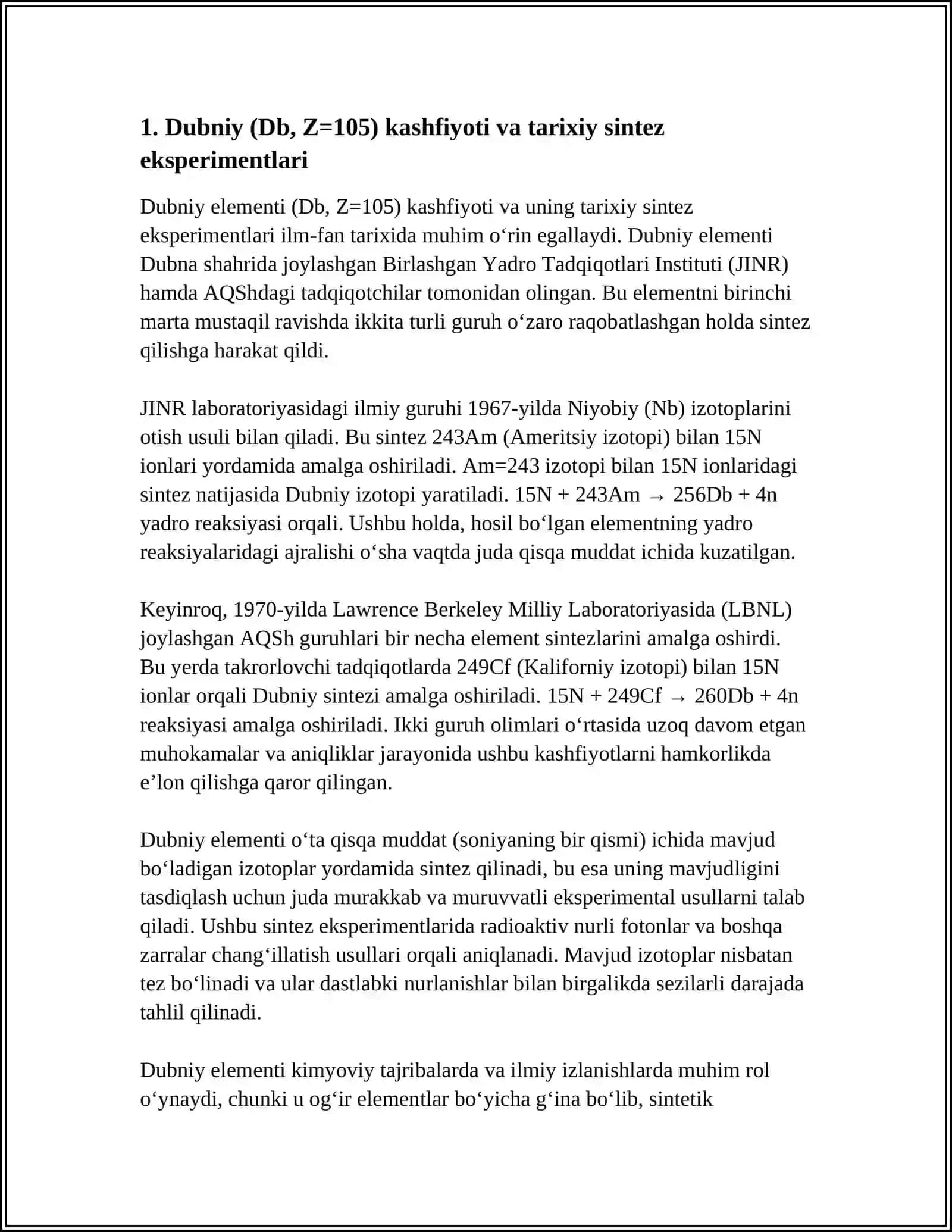 Dubniy Elementining Olinishi va Yadro Reaksiyalari 3
