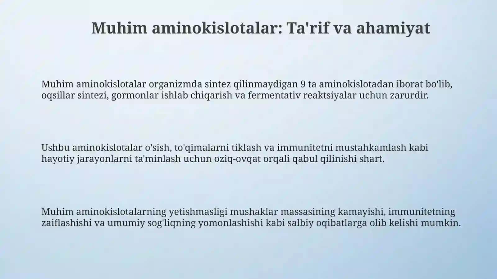 Muhim aminokislotalar: Ta'rif va ahamiyat 3