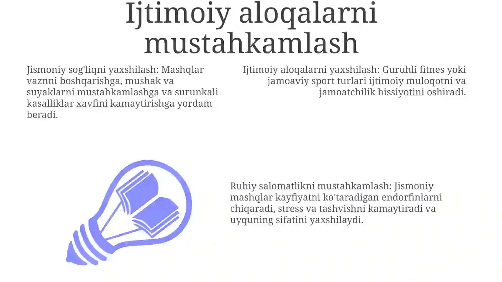 Jismoniy faolyatning tanaga yunaltirilgan ijodiy amaliyoti sogʻligʻida muomolari bulgan odamlarni qanday ehtiyojlarini qondiradi 3