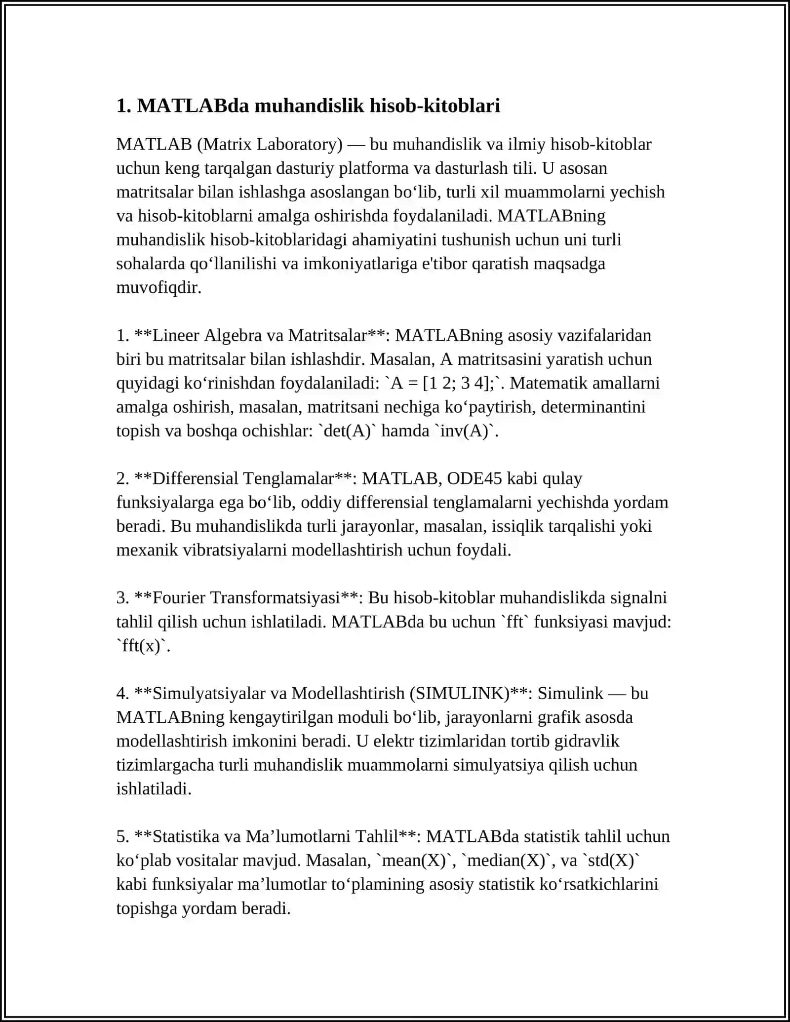 MATLAB DASTURINI TEXNIK SOHALARDA QOʻLLASH 3