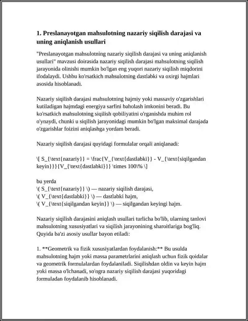 PRESLANAYOTGAN MAHSULOTNI NAZARIY VA AMALIY SIQILISH DARAJASINI 3