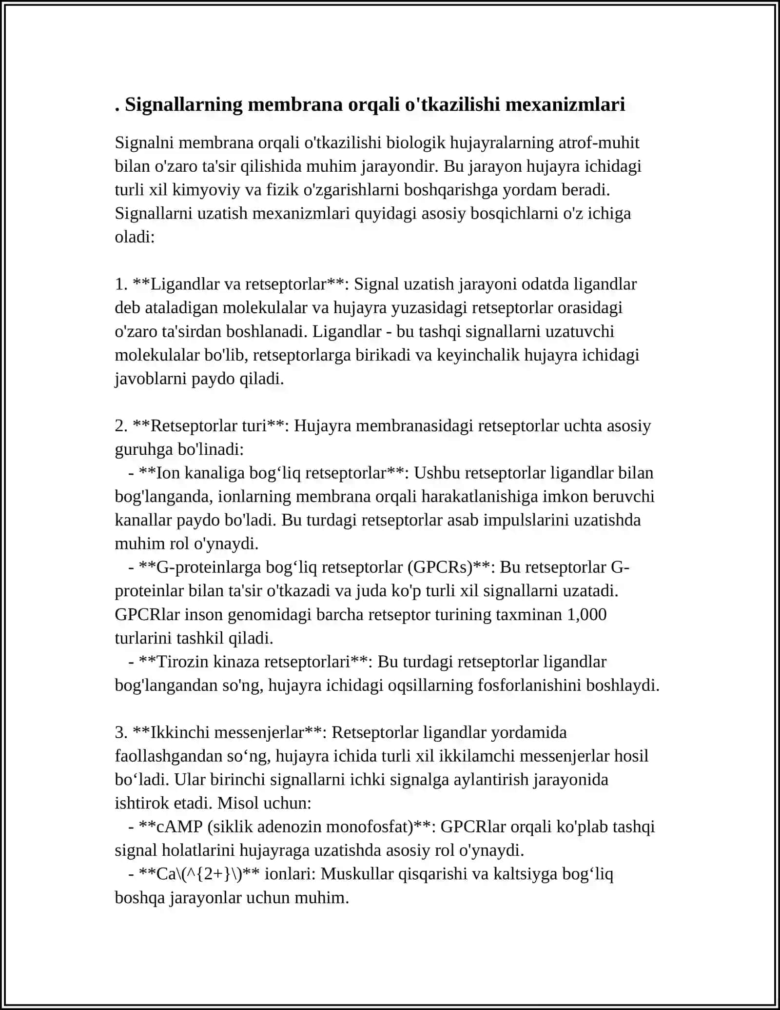 SIGNALLARNI MEMBRANALAR ORQALI OTKAZILISHI.MEMBRANALAR BUZILISHLARNI PATOLOGIK JARAYONNI KELIB CHIQISHIDAGI ORNI 3