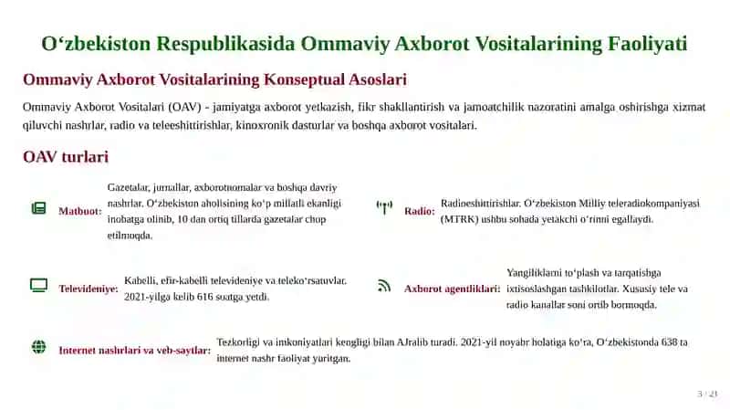 O'zbekiston Respublikasida Ommaviy Axborot Vositalarining Faoliyati 3