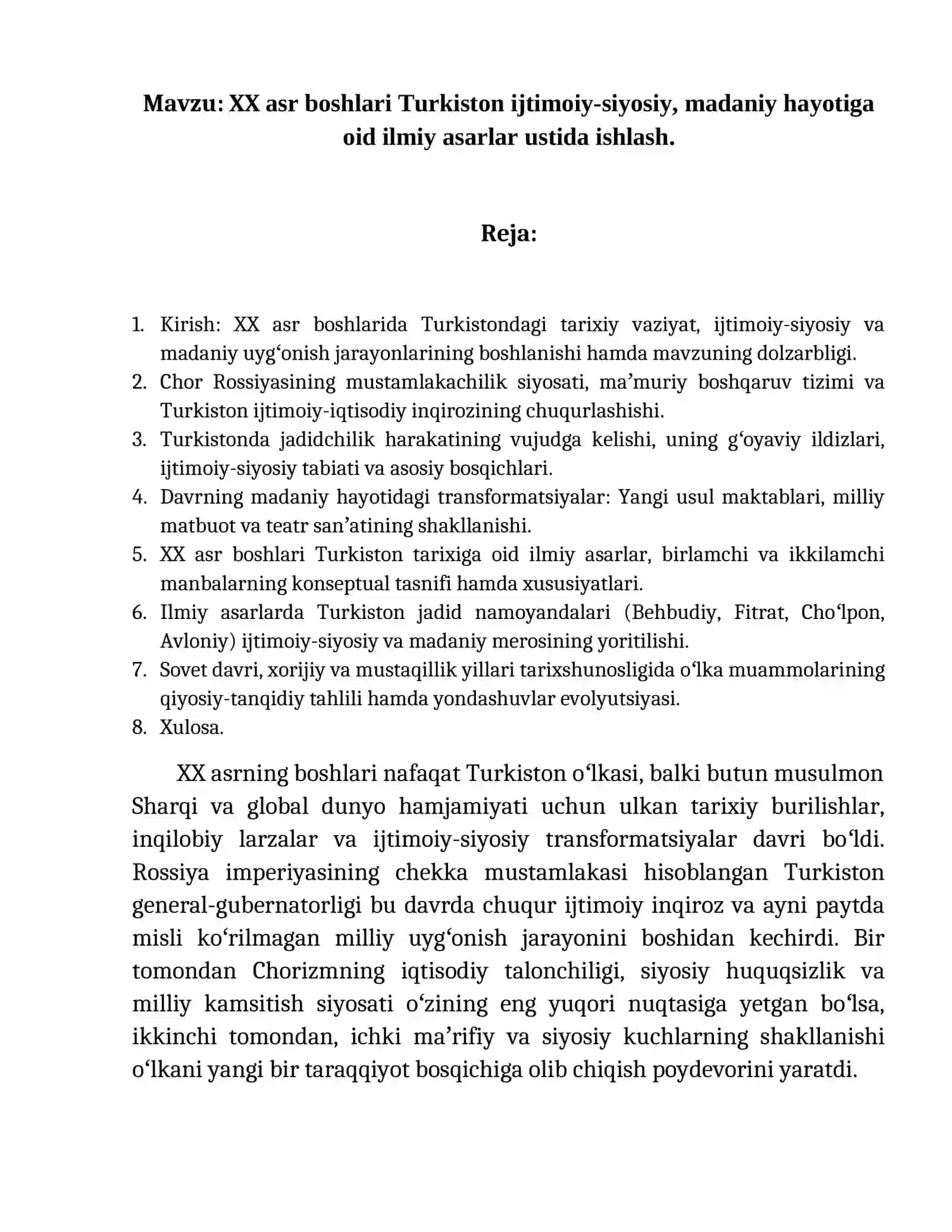 XX asr boshlari Turkiston ijtimoiy-siyosiy, madaniy hayotiga oid  ilmiy asarlar  ustida ishlash 3