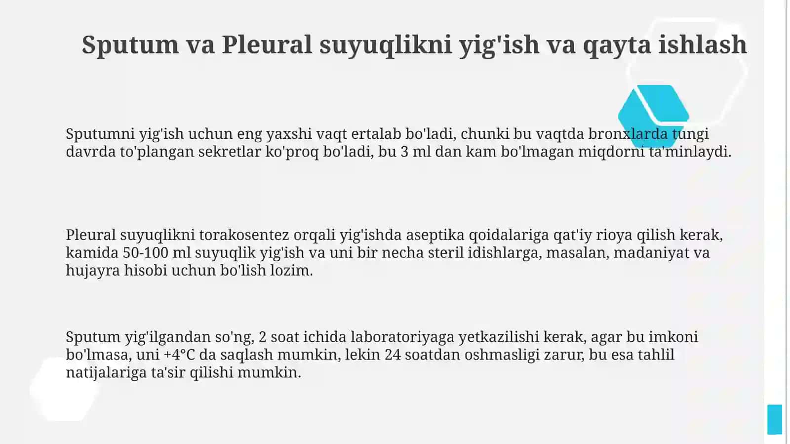 Nafas a'zolar kasaliklarida balgʻam va plevra suyuqligi laboratoriya tekshiruvi inpertratsiyasi 3