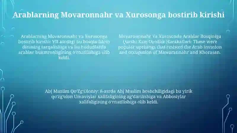 Movarounnahr Va Xurosonda Arablar Bosqiniga Qarshi Xalq Ozodlik Harakatlari.Abj Muslim QoʻZgʻOloni Xudarganov🦅 3