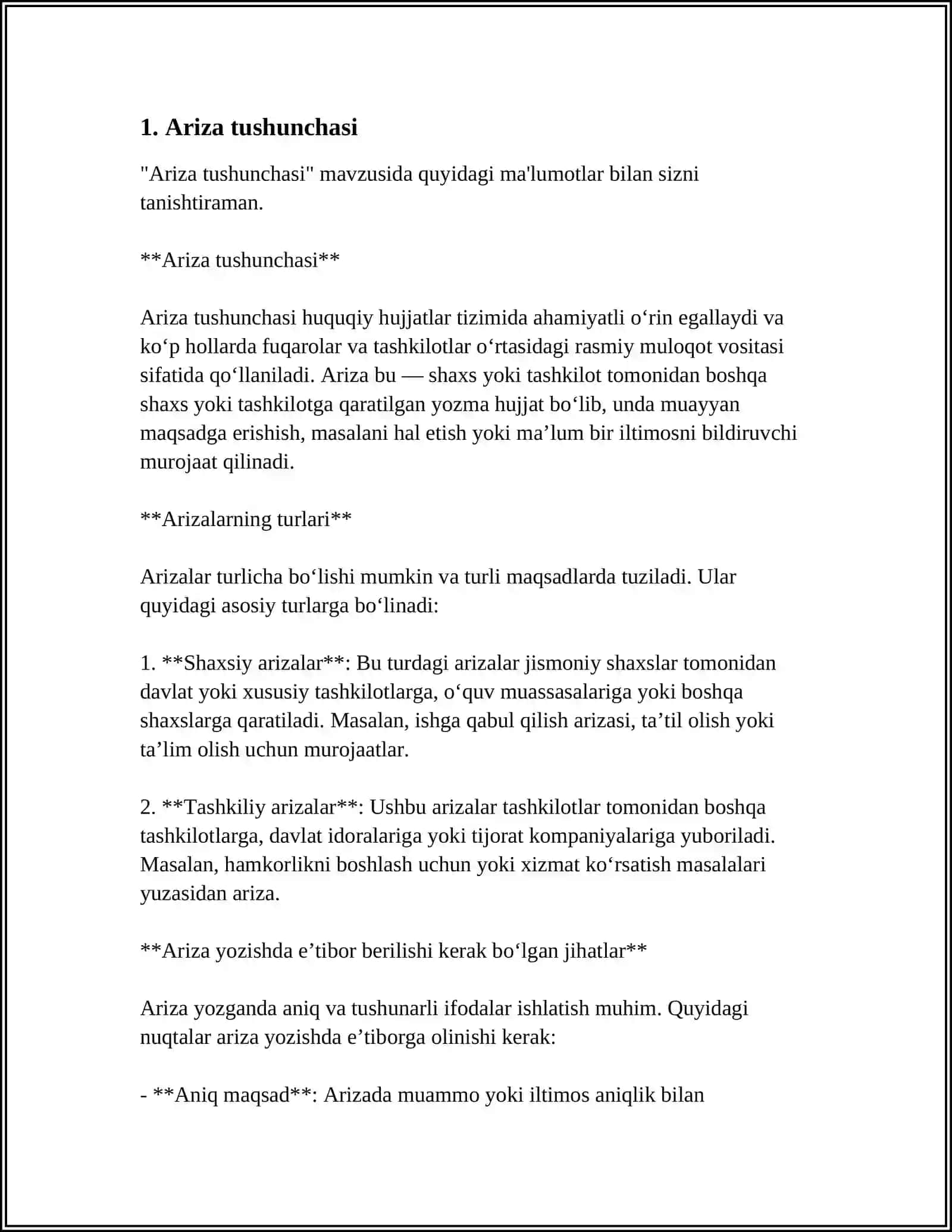 ARIZA VA UNING TURLARI. MUSTAQILLIK ISH 3