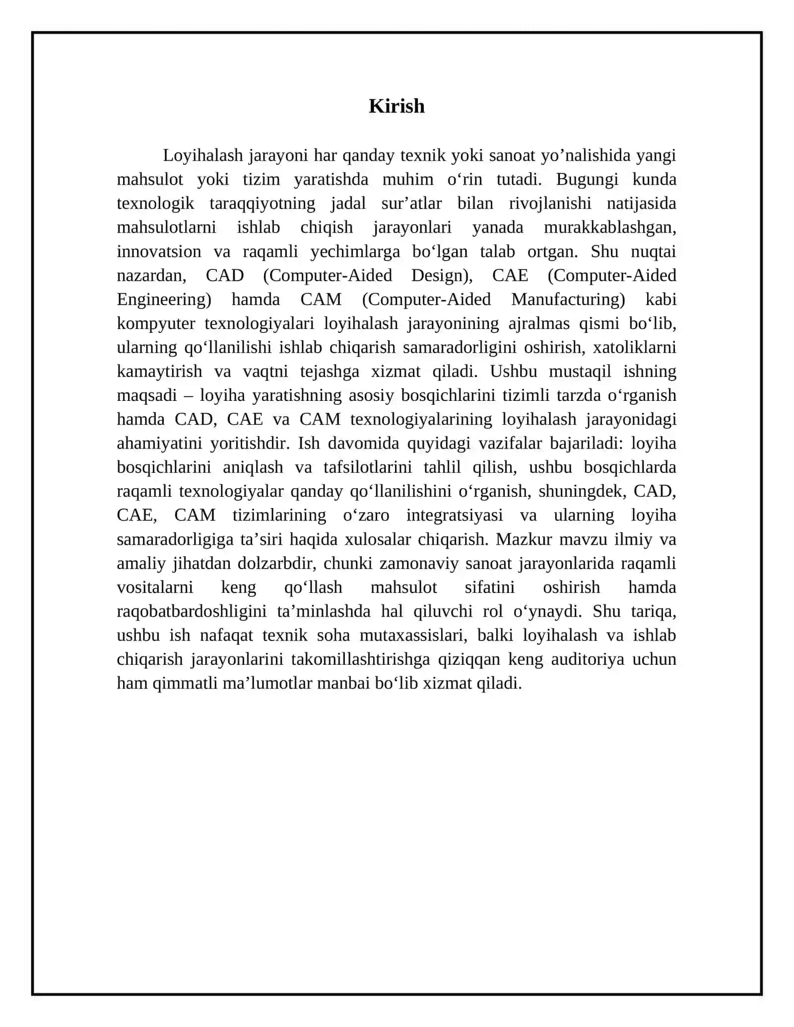 Loyihalash jarayonining bosqichlari va bujarayonda CAD/CAE/CAM texnologiyalarining roli 3