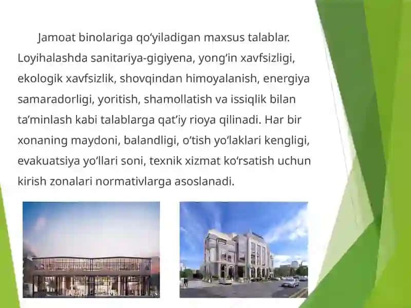 Jamoat binolarini loyihalash asoslari va ularga qo'yiladigan maxsus talablar. Jamoat binolarini hajmiy tarxiy loyixalash, asosiy, yordamchi, xizmat ko'rsatuvchi va kommunikatsion xonalar. 3