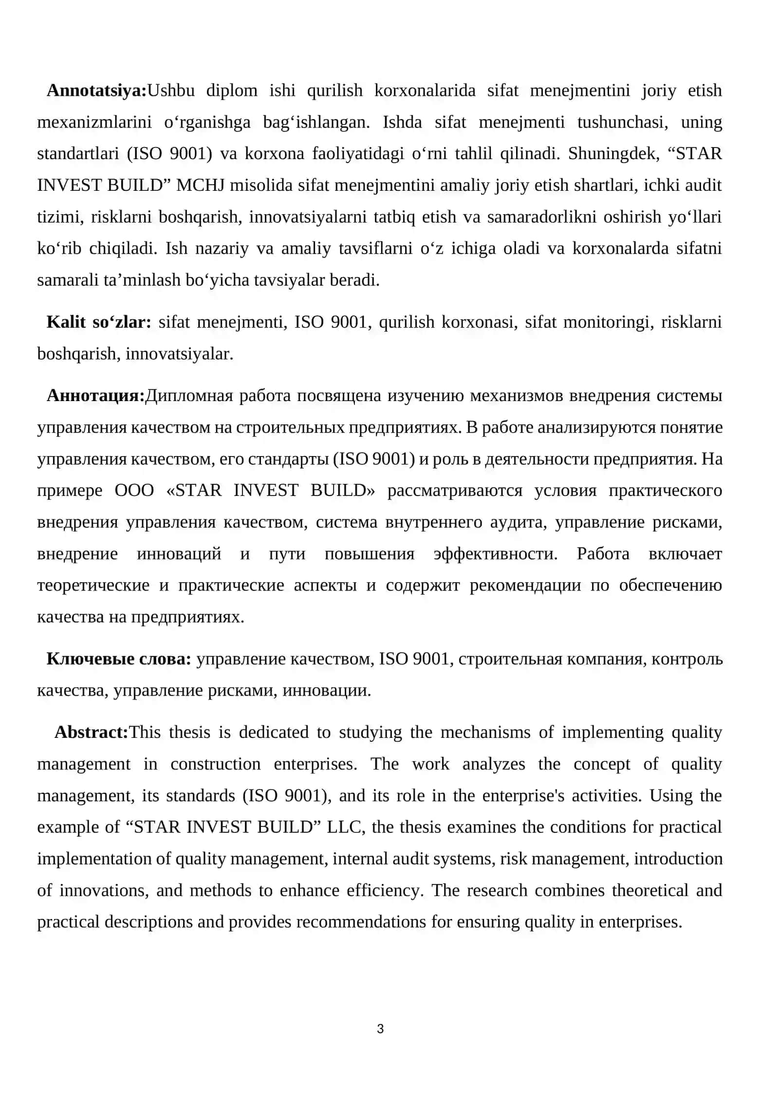 Mavzu“Qurilish korxonasida sifat menejmentini joriy etish mexanizmlari” ("STAR INVEST BUILD" MCHJ MISOLIDA) 3