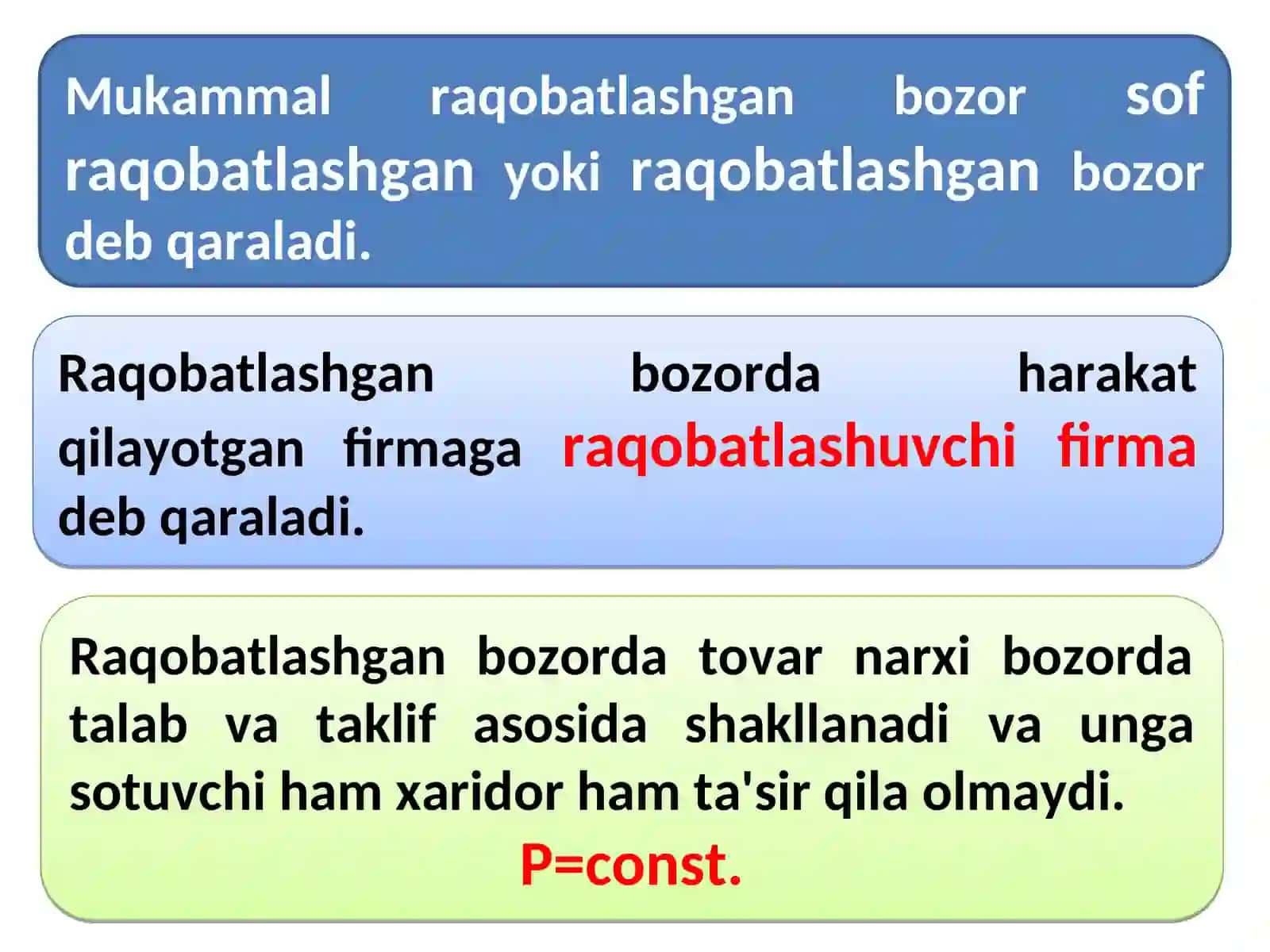 Mukammalraqobatlashgan bozorda,qisqa muddatli oraliqda firma foydasini maksimallashtirish vauning taklifi 3
