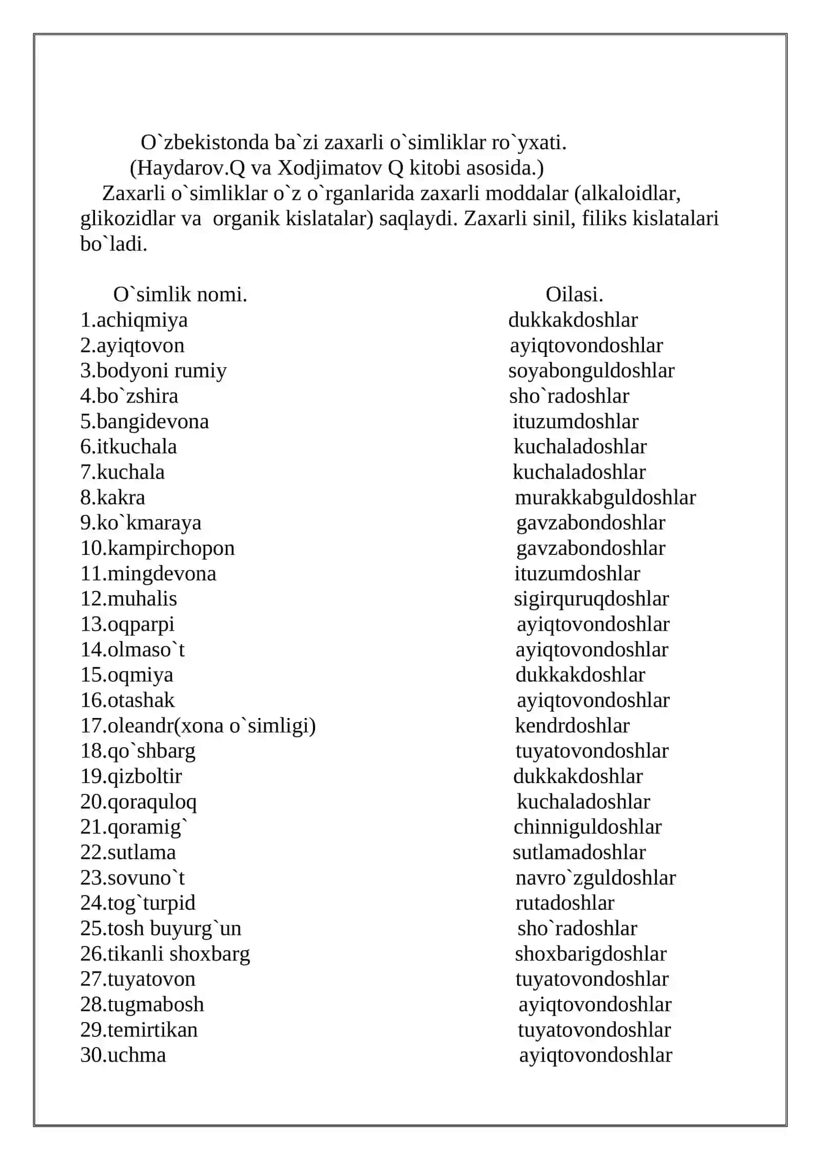 O`zbekistondagi dorivor o`simliklar. (Haydarov.Q va Hojimatov.Q kitoblari asosida.) 3