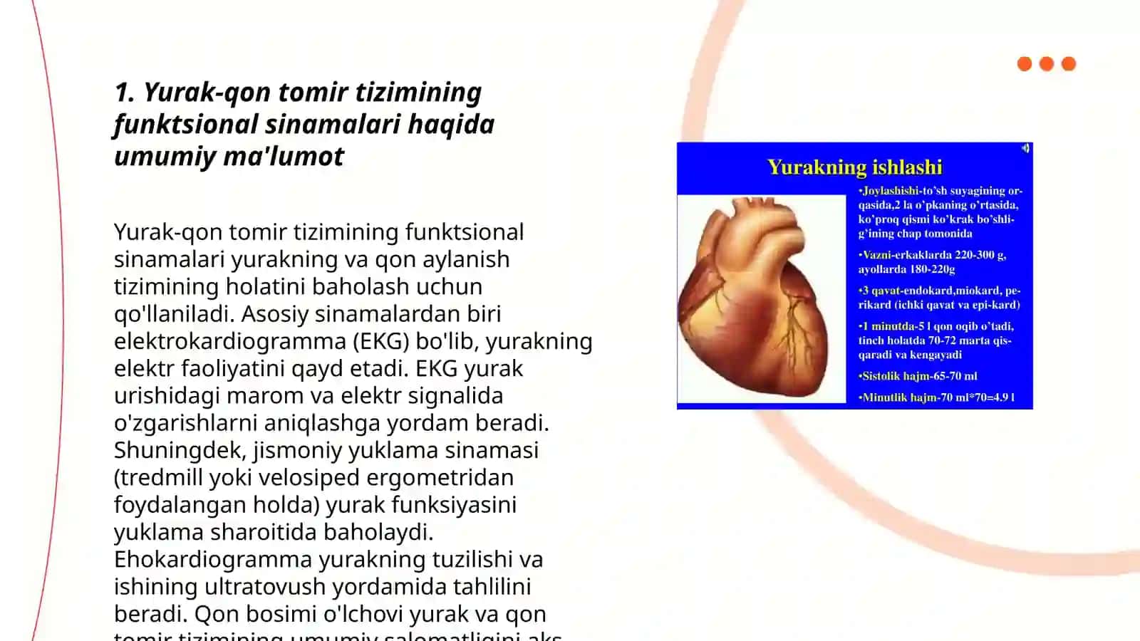 Yurak-qon tomir tizimining funktsional sinamalarini o'tkazish usullari. Javoblarning turlari. YuQTT ba'zi kasalliklari va aritmiyalar 3