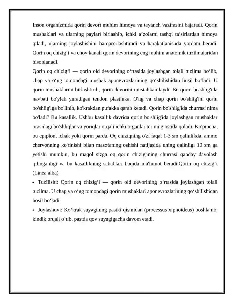 Qorin oq chizig‘i va chov kanalining tuzilishi, joylashuvi va vazifalari. 3