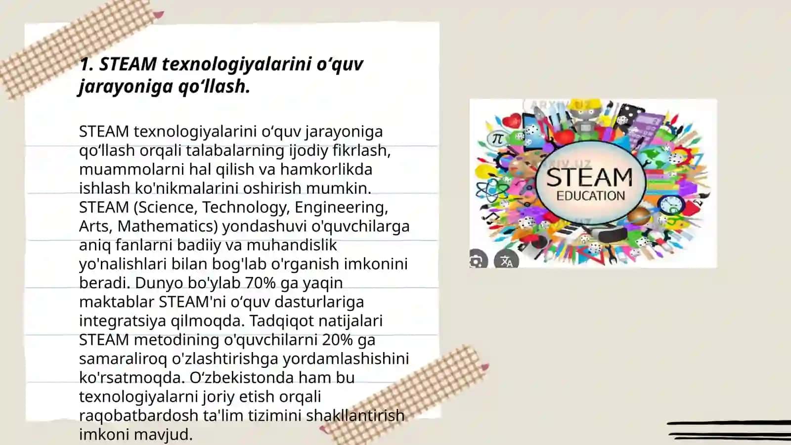 STEAM texnologiyasini qoʻllashda oʻqituvchilarning media kompitensiyalarini rivojlantirish darslarida kuzatish orqali yangi bilim va tushunchalarini shakllantirish 3
