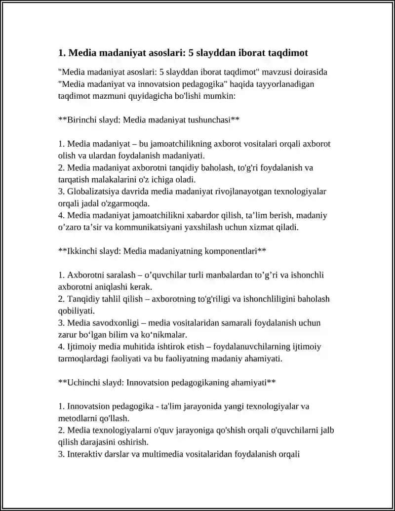 MEDIA MADANIYAT VA INNOVATSION PEDAGOGIKA MAVZUSIDA 5TA SLAYDDAN IBORAT TAQDIMOT TAYYORLA 3