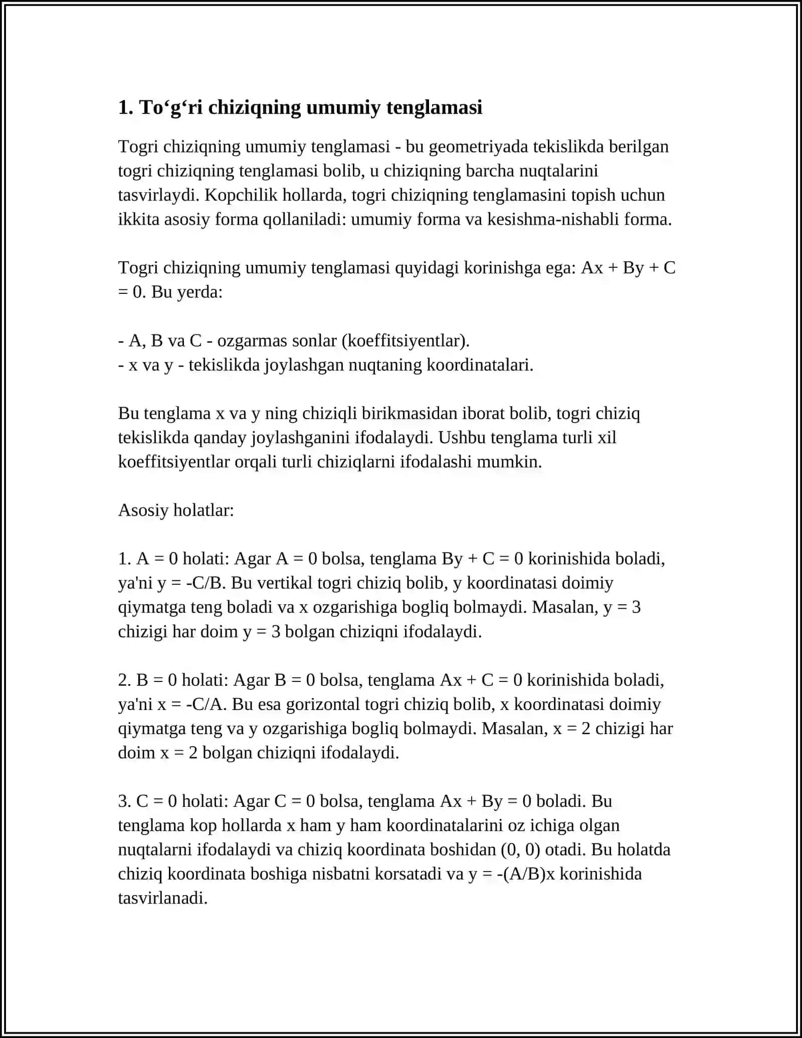TEKISLIKDA TOʻGʻRI CHIZIQNING TURLI TENGLAMALARI 3