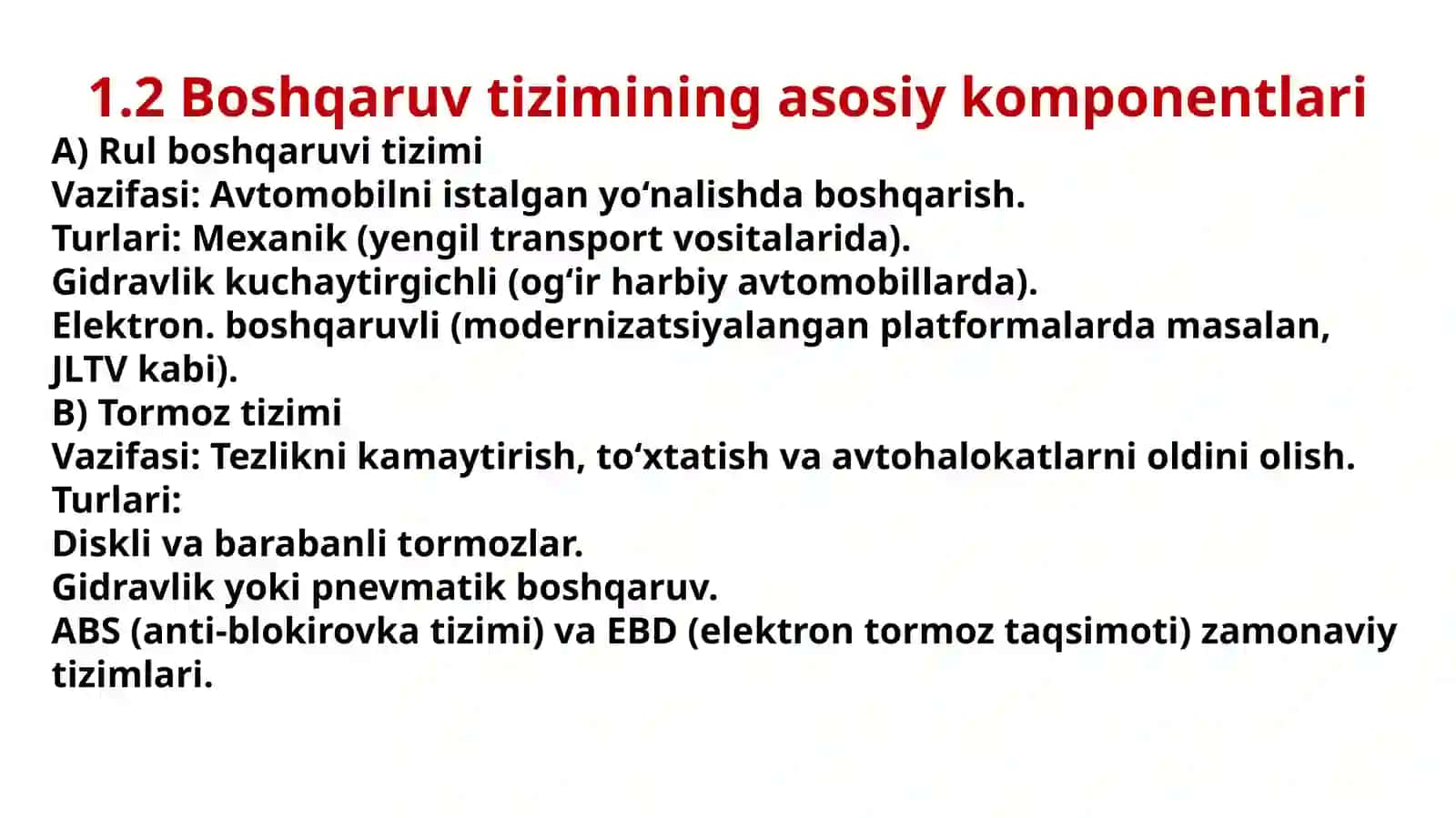 Harbiy avtomobillarni boshqarish tizimlari, umumiy
tuzilishi va ularning taktik-texnik tavsiflari. 3