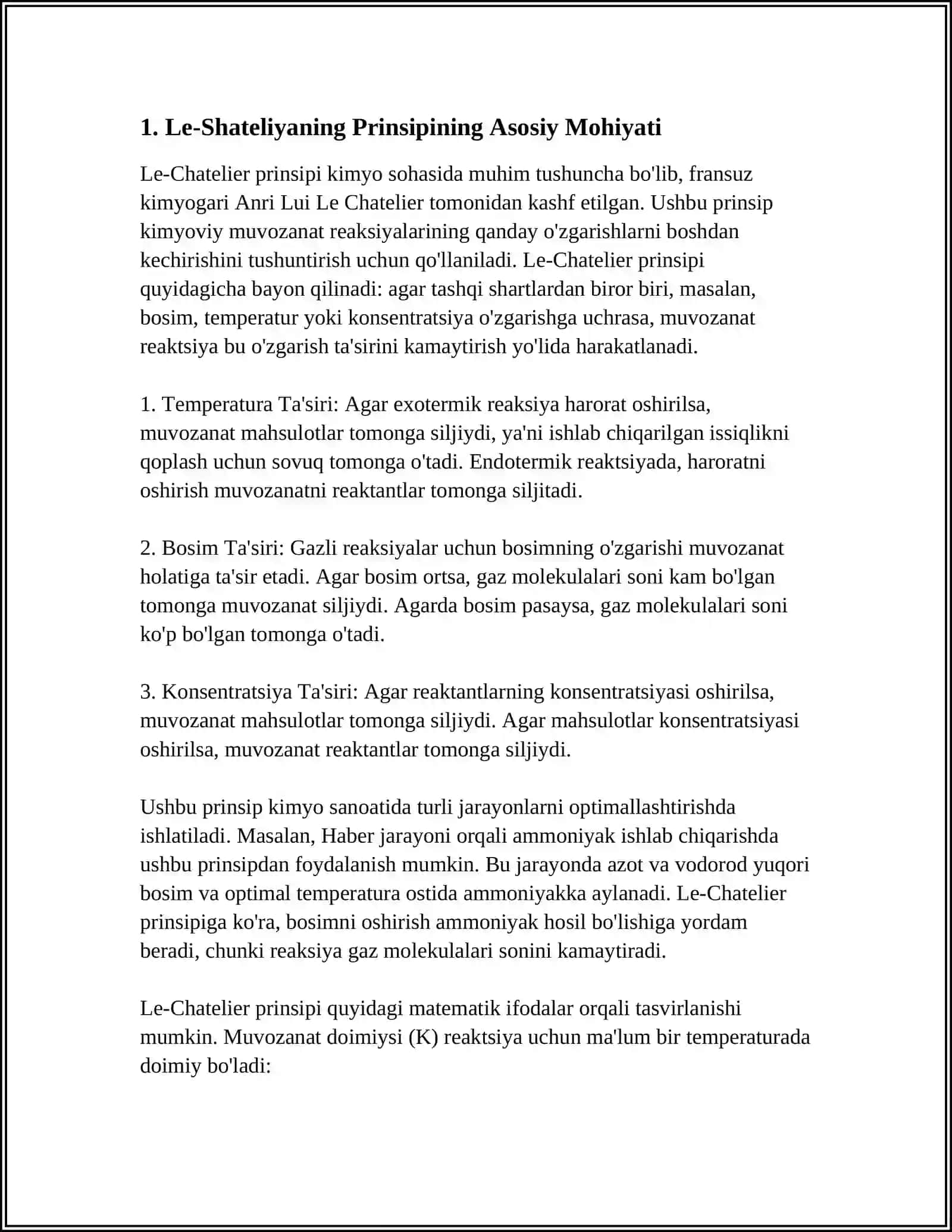 LE-SHATELYE PRINSIPI VA UNING KIMYOVIY JARAYONLARDAGI AHAMIYATI 3