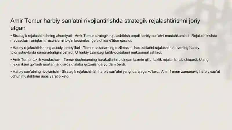 Amir Temur harbiy san'at tarixi rivojlantirishda strategik rejalashtirishni joriy etishi 3