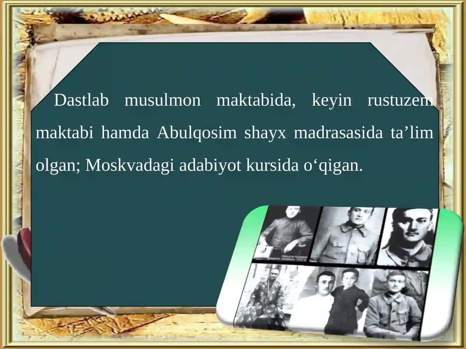 Abdulla Qodiriy adabiy siymosi XX asr o‘zbek adabiyoti tarix ida o‘ziga xos o‘rin tutadi. U o‘zbek romanchiligining asoschisi sanaladi 3