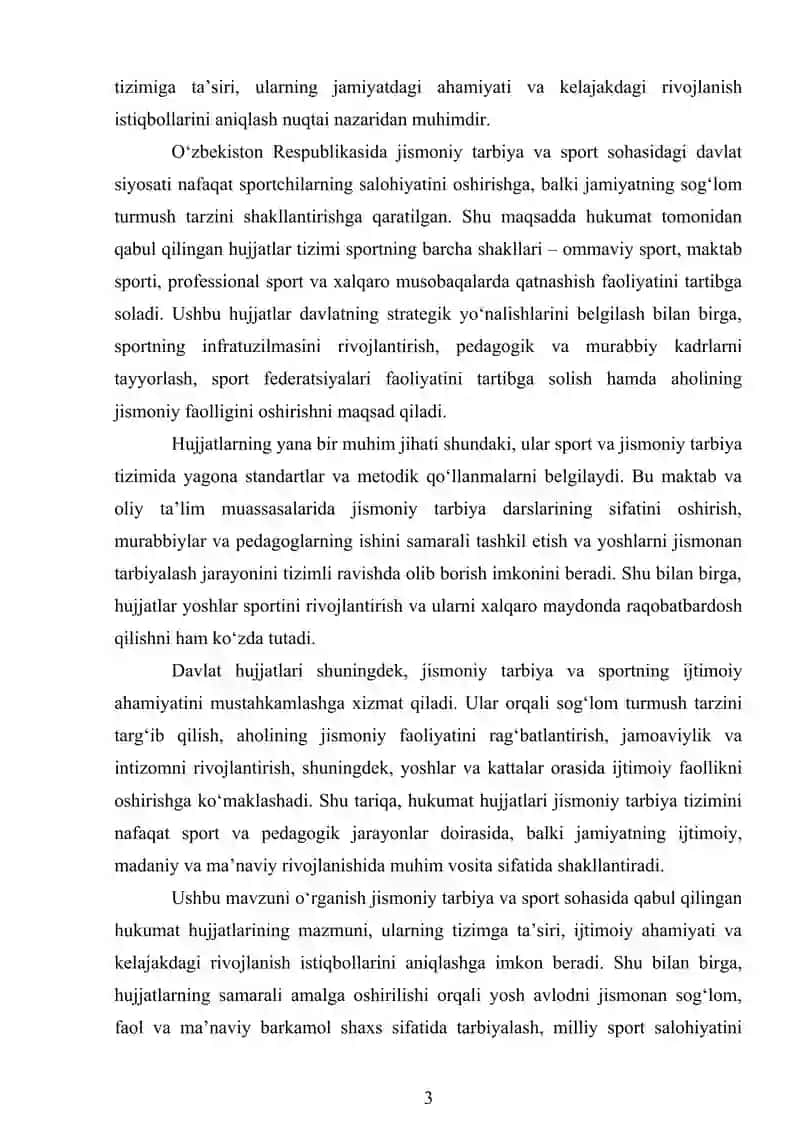 O'ZBEKISTON RESPUBLIKASI HUKUMATINING JISMONIY TARBIYA VA SPORT BO'YICHA QABUL QILGAN HUJJATLARINING AHAMIYATI 3
